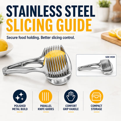 🍋50% OFF NOW! Creative Kitchen Slice Cutting Tool, Food‑Grade Aluminum Alloy Hand‑Held Slicer, Quick Slicing Holder for Lemon, Tomato, Onion & Soft Fruits Vegetables