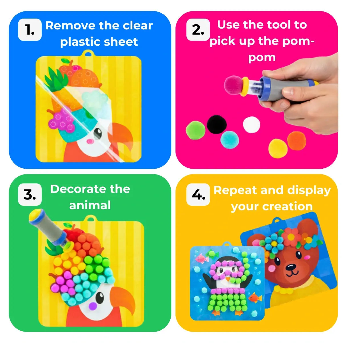Pom Pom Kit l Create Magical 3D Animals with Fluffy Pom Poms, No Mess! (5+ years)