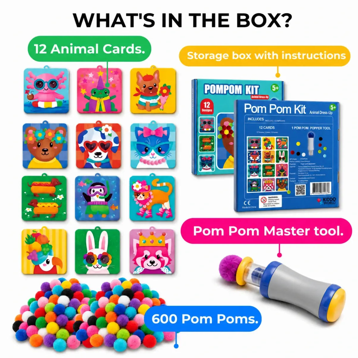 Pom Pom Kit l Create Magical 3D Animals with Fluffy Pom Poms, No Mess! (5+ years)