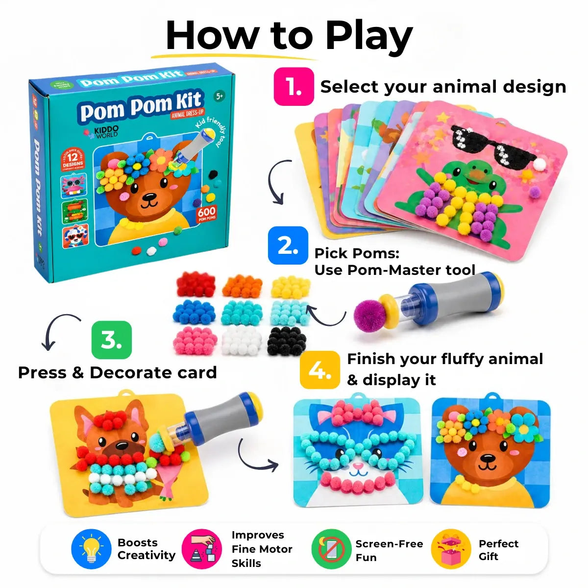 Pom Pom Kit l Create Magical 3D Animals with Fluffy Pom Poms, No Mess! (5+ years)